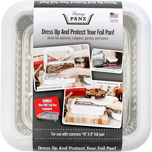 Fancy Panz, Serving Tray for Food, Made in the USA Foil Pan Carrier, Stackable Aluminum Pan Holders, 8x8 Travel Casserole Carrier With 1 Disposable Foil Pan & Serving Spoon, White in Saudi Arabia