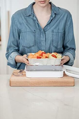 Fancy Panz, Serving Tray for Food, Made in the USA Foil Pan Carrier, Stackable Aluminum Pan Holders, 8x8 Travel Casserole Carrier With 1 Disposable Foil Pan & Serving Spoon, White in Saudi Arabia