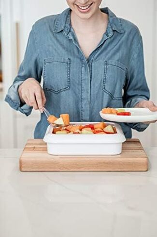 Fancy Panz, Serving Tray for Food, Made in the USA Foil Pan Carrier, Stackable Aluminum Pan Holders, 8x8 Travel Casserole Carrier With 1 Disposable Foil Pan & Serving Spoon, White in Saudi Arabia