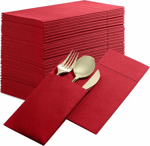 50-Pack Disposable Linen-Feel Dinner Napkins with Built-in Flatware Pocket, BRIGHT RED Prefolded Cloth Like Paper Napkins For Christmas, Dinner, Wedding Or Party [Silverware NOT Included] in Saudi Arabia