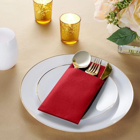 50-Pack Disposable Linen-Feel Dinner Napkins with Built-in Flatware Pocket, BRIGHT RED Prefolded Cloth Like Paper Napkins For Christmas, Dinner, Wedding Or Party [Silverware NOT Included] in Saudi Arabia