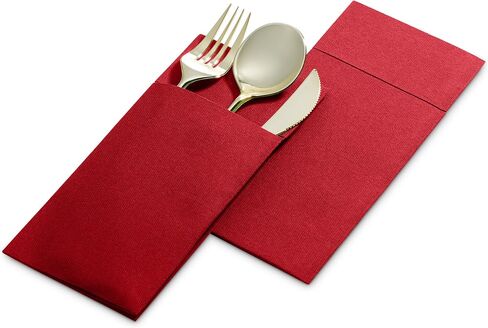 50-Pack Disposable Linen-Feel Dinner Napkins with Built-in Flatware Pocket, BRIGHT RED Prefolded Cloth Like Paper Napkins For Christmas, Dinner, Wedding Or Party [Silverware NOT Included] in Saudi Arabia