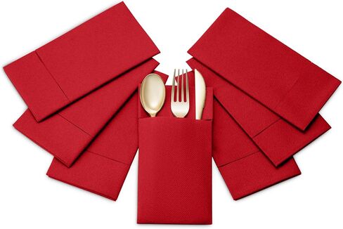 50-Pack Disposable Linen-Feel Dinner Napkins with Built-in Flatware Pocket, BRIGHT RED Prefolded Cloth Like Paper Napkins For Christmas, Dinner, Wedding Or Party [Silverware NOT Included] in Saudi Arabia