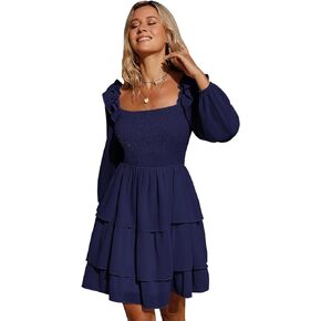 Byinns Women's Smocked Ruffle Mini Dress Square Neck Long Sleeve Party Dress Cute Cottagecore Wedding Guest Dress