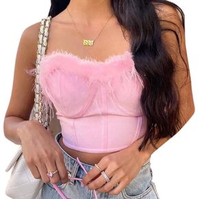 Women Sexy Feather Trim Corset Crop Top Faux Fur Sleeveless Tube Top Bustier for Rave Festival Clubwear
