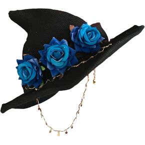 Lolita Women Black Magic Witch Hat with Rose Halloween Cosplay Costume Fancy Lolita Party Prop