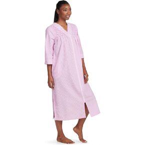 Miss Elaine Long Seersucker Women's Robe, Pockets and Zipper with Front Embroidered Trim, Sleepwear & Loungewear