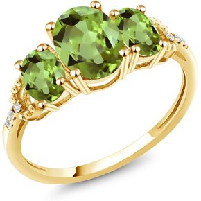 Gem Stone King 10K Yellow Gold Green Peridot and Diamond Accent Engagement Ring For Women | 2.46 Cttw | 3 Stone Wedding Anniversary Promise Ring For Women