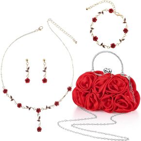 Hicarer 5 Pcs Women Roses Clutch Purse with Detachable Strap Money Clip Rose Jewelry Set Satin Red Flower Evening Handbag Gold Rose Necklace Earrings Bracelet for Wedding Gifts