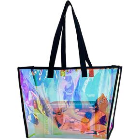 ONEART Clear Holographic Tote Bags, Iridescent Waterproof Top Handle Bag, Clear Jelly Totes Vocation Party Beach Bag