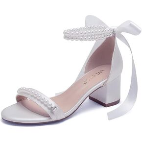PALSCOU Block Heel Wedding Sandals Open Toe Pearl Wedding Shoes for Bride Low Heel Bridal Shoes Chunky Heel Sandals