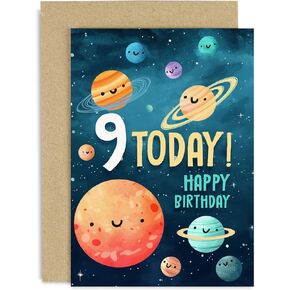 Old English Co. Nineth Birthday Card for Boys and Girls - Happy 9th Birthday - Age 9 - Nine Years Old - Cute Space Planets Themed Birthday Card for Daughter, Son, Grandaughter, Grandson
