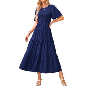 KIRUNDO Women's Casual Summer Flutter Short Sleeve Midi Dress Crew Neck Smocked Tiered A Line Flowy Beach Party Dresses