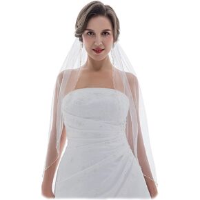 SAMKY 1T 1 Tier Wavy Crystal Beaded Edge Wedding Veil