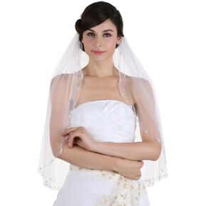 SAMKY 1T 1 Tier Floral Vine Patterns Beaded Edge Bridal Veil
