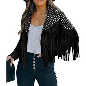 Fashion SX Women's fashionable short style rivet decoration tassel faux fur motorcycle jacket