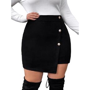 SOLY HUX Women's Plus Size Button Front Wrap Asymmetrical Hem Bodycon Skirt High Waist Mini Skirts