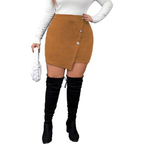 SOLY HUX Women's Plus Size Button Front Wrap Asymmetrical Hem Bodycon Skirt High Waist Mini Skirts
