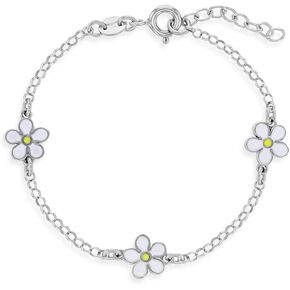 925 Sterling Silver 5.5" White Enamel Daisy Flower Chain Bracelet for Little Girls & Preteens - Daisy Flower Charm Bracelets - Girls Trendy Floral Enamel Jewelry
