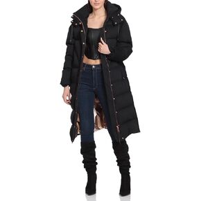 Aves Les Filles Women's Quilted Long Puffer Coat with Detachable Hood