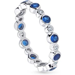 BERRICLE Sterling Silver Bubble Wedding Rings Simulated Blue Sapphire Bezel Set Cubic Zirconia CZ Anniversary Eternity Ring for Women, Rhodium Plated Size 4-10