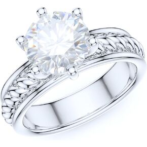 THELANDA Sterling Silver Twisted Rope Comfortable Shank 2CT Simulated Round Diamond or Genuine Moissanite Promise Engagement Ring