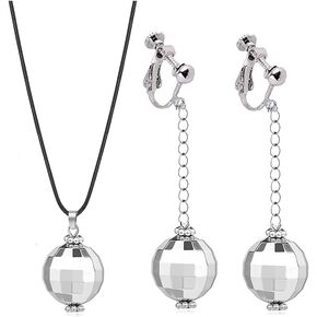 Modpide Silver Disco Ball Clip on Earrings Necklace Jewelry Set 70's Halloween Earrings Women's Costume Accessories