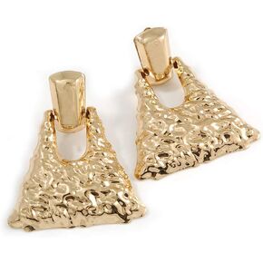Statement Gold Tone Hammered Triangular Drop Clip On Earrings - 60mm Long