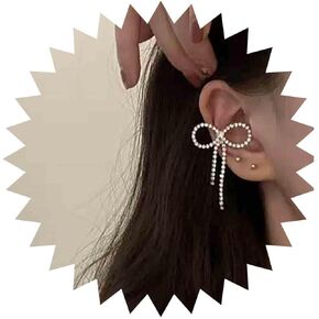 Boho Crystal Bow Ear Clip Earrings Vintage Silver CZ Cartilage Clip Earrings Rhinestone Bow Clip Cuff Earrings Minimalist Bow Wrap Hoop Earrings Jewelry for Women and Girls(left)
