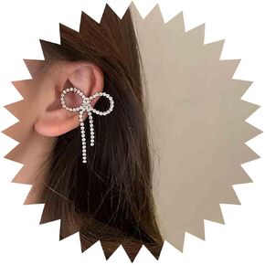 Boho Crystal Bow Ear Clip Earrings Vintage Silver CZ Cartilage Clip Earrings Rhinestone Bow Clip Cuff Earrings Minimalist Bow Wrap Hoop Earrings Jewelry for Women and Girls(left)