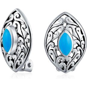 Southwestern Vintage Style Filigree Marcasite Marquise Fan Shape Stabilized Blue Turquoise Clip On Earrings Western Jewelry For Women Non Pierced Ears .925 Sterling Silver