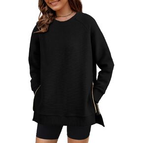 SimpleFun Womens Sweatshirts Crewneck Oversized Soft Pullover with Side Zipper Long Sleeve Sweatshirt Tunic Tops