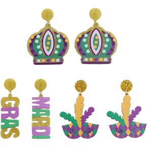 Pack of 3 Pairs Mardi Gras Earrings Outfit for Women Girls Lightweight Acrylic Mardi Gras Mask Crown Decoration Jewelry Accessories