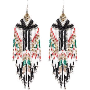 Yackrola Beaded Statement Tassel Earrings - Big Flag Long Bohemian Native Beaded Chandelier Dangle Earrings, Boho Seed Bead Large Tribal Fringe Drop Dangle Earrings for Women Girls Summer Holiday