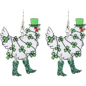 Pingyongchang Funny Cute St. Patrick's Day Cartoon Animal Chicken Boots Acrylic Earrings for Women Girl Irish Shamrock Green Clover Dangle Drop Earrings Holiday Party Jewelry Gift
