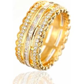 ENDLESSNESS & ETERNITY 14K Gold Plated 3 Row Half Eternity Band Ring for Women Rectangle Cut CZ Cubic Zirconia Wedding Band Statment band ring comfort fit