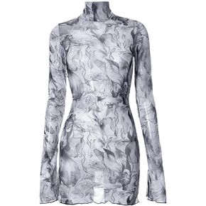 Women’s Floral Tie Dye Sheer Mesh Mini Dress Sexy Mock Neck Split Bodycon Flared Long Sleeve Beach Party Dress