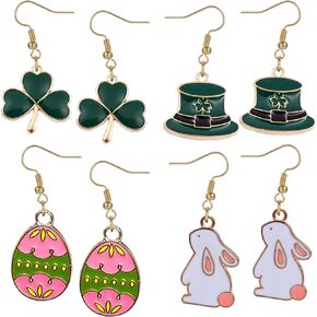 St Patricks Day Easter Earrings for Women 4 Pairs, Shamrock Bunny Earrings Irish Hat Egg Drop Dangle Earrings for Women Girls Colorful St Patrick's Day Easter Accessories