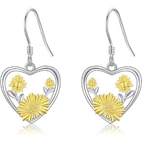 Sunflower Earrings for Women 925 Sterling Silver Sunflower Heart Dangle Earrings Valentines Earrings Jewelry Gifts for Women Girls