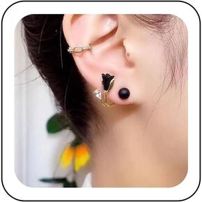 Zeshimb Black Flower Front Back Earrings Tulip Flower Ear Jacket Earrings Acrylic Round Ball Stud Earrings Vintage Floral Rhinestone Wrap Cuff Earrings Jewelry for Women and Girls