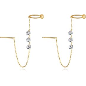 HIUS 925 Sterling Silver Cuff Chain Earrings for Women, Threader Earrings 18K Gold Plated Crawler Earrings Statement Wrap Tassel Earrings