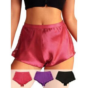 MakeMeChic Women's 3pcs Satin Silk Panties Lace Trim Sexy Split Boyshorts Underwear
