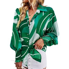 Women's Long Lantern Sleeve Blouse Casual Oversize Button Down Shirt Floral Tops