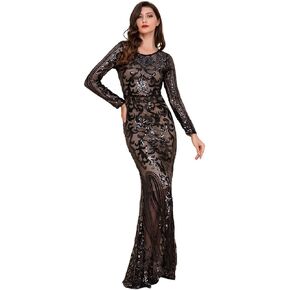 Women's Long Sleeve Sequins Mermaid Gown Long Formal Prom Party Dress