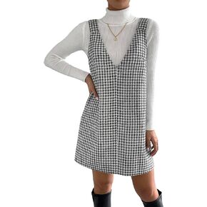 COZYEASE Women's Plaid Overall Dress Straight Sleeveless Pinafore Straps Dress Workwear Without Sweater