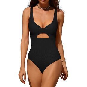 Charmo Ribbed One Piece Swimsuits for Women Cutout Scoop Neck Bathing Suit High Cut Padded Monokini