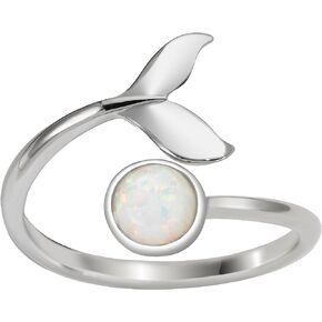925 Sterling Silver Whale Tail and Full Moon, Adjustable Easy Resize Wrap Around Bypass Ring Eternity Band, Blue White Opal Larimar, 14K Gold Plated, Hypoallergenic Nickel Free, with Gift Box