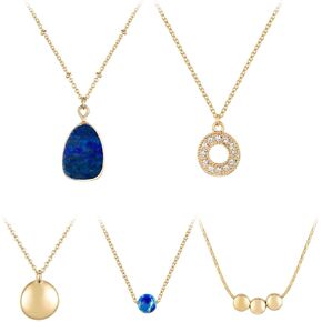 Kevia Set of 5 18K Gold Necklace for Women and Girls, Elegant 18k Gold Plated Necklace with Intricate Design Layered Necklaces for Women (Pink Jade & Blue Lapis Stone)