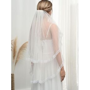 Unsutuo 2 Tier Wedding Veil Horsehair Ribbon Edge Custom Veil Bride Fingertip Veil Bridal Tulle Veil with Comb Drop Veil for Women and Girls (Ivory)