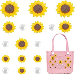 QTKJ Charms for Bogg Bag, Sunflower Decoration for Bogg Bag Accessories, Compatible with Women Rubber Beach Bag Tote Handbag（17 Pcs）